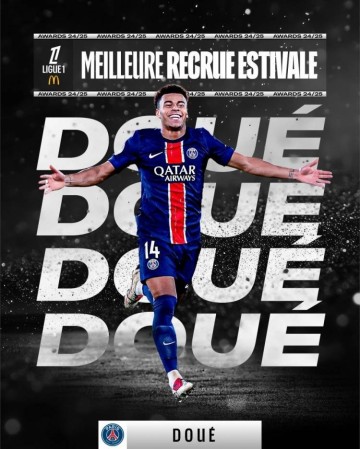 官方:巴黎前锋杜埃当选2024-2025赛季法甲夏窗最佳引援