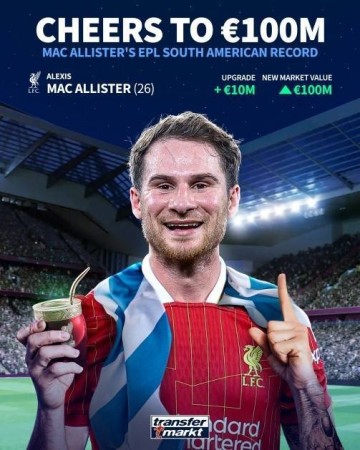 德转英超南美球员历史身价:麦卡1亿欧第一,阿利森9000万欧第二