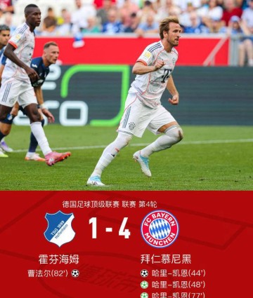 凯恩帽子戏法，拜仁德甲客场4-1大胜霍芬海姆领跑积分榜