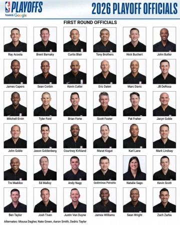 NBA季后赛首轮裁判大名单：福斯特领衔 1名女裁判入选